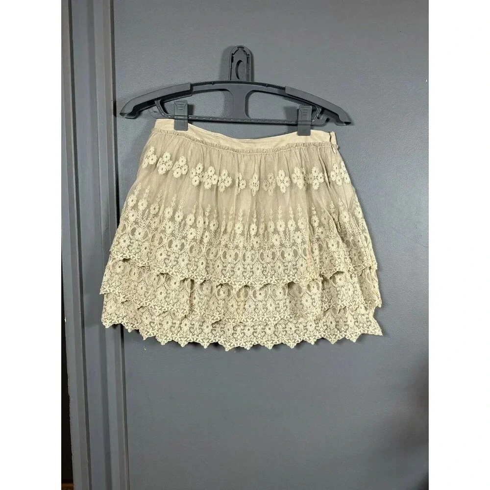 Garnet Hill 06 Skirt Beige Tiered‎ Tulle Lace Full Mini Elastic Waist Lined Lace